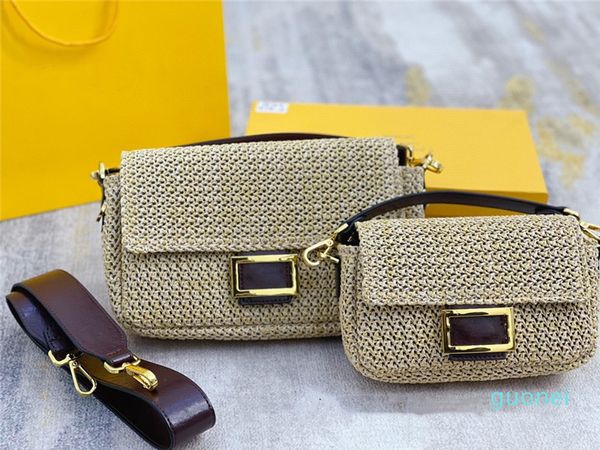 2022 borsa intrecciata in paglia stile unisex fodera in tela stampata borse baguette con patta borsa da shopping all'aperto da donna borsa con fibbia in metallo