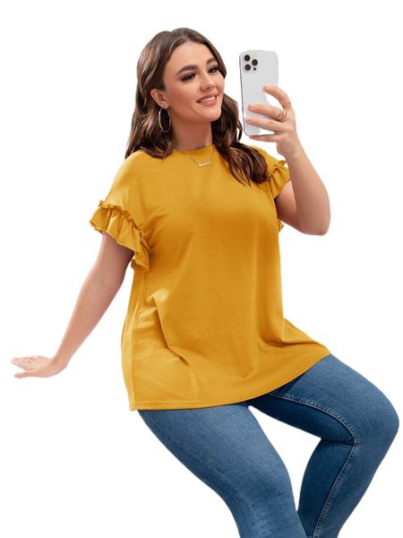 

plus ruffle sleeve solid tee k7zb#, Black