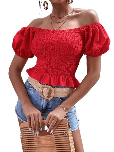 

puff sleeve shirred ruffle hem blouse w5yp#, White