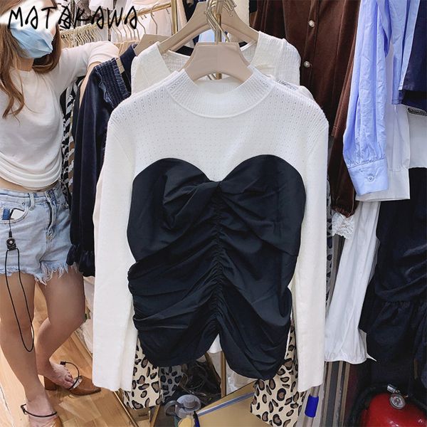 

longsleeved women fashion woman tshirts korean fake twopiece splicing pleated temperament t shirt 210506, White