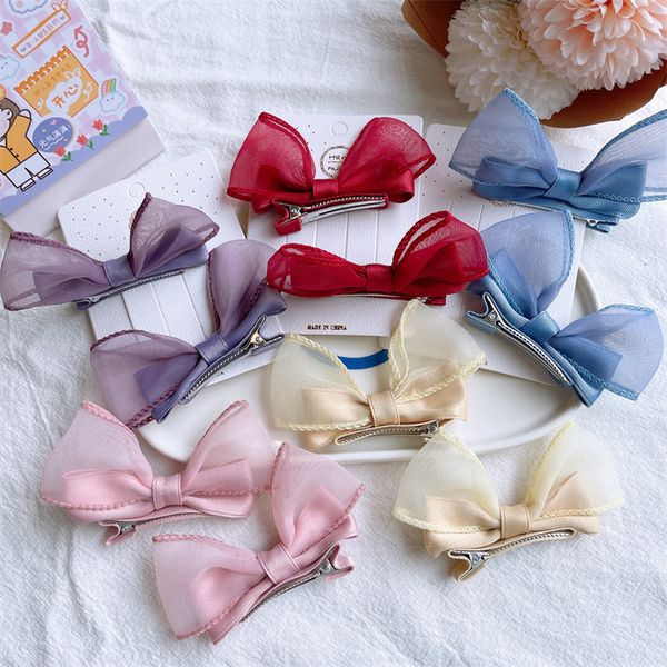 

1 pair new korean children's simple cute three-dimensional mesh bow hairpin sweet girl princess duckbill clip hair accessories, Slivery;white