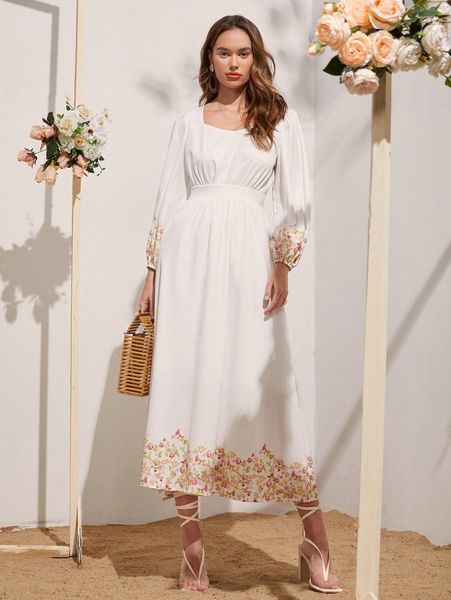 

floral print lantern sleeve dress v39t#, Black;gray