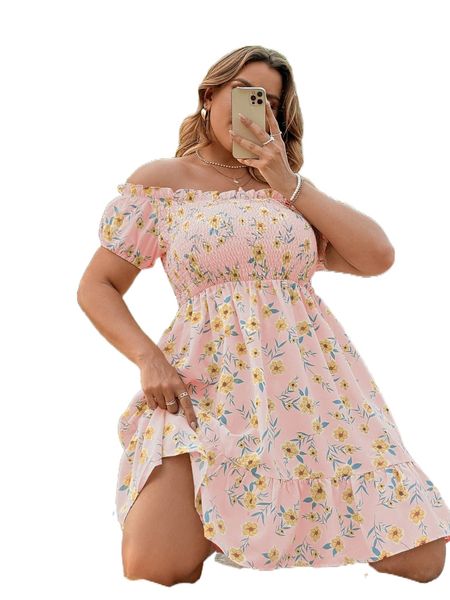 

plus floral print off shoulder shirred ruffle hem dress f3mx#, Black