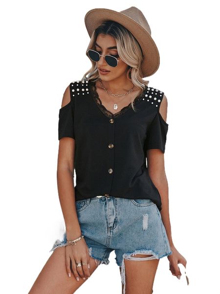 

cold shoulder pearl beaded fake button lace trim tee l8bb#, White