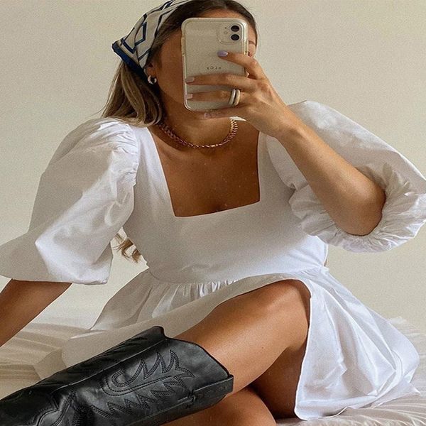 

nedein summer dress summer fashion white elegant puff sleeve backless party beach dress vacation casual mini dress 220504, Black;gray