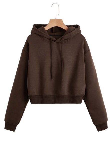 

solid drawstring crop thermal lined hoodie m3gg#, Black