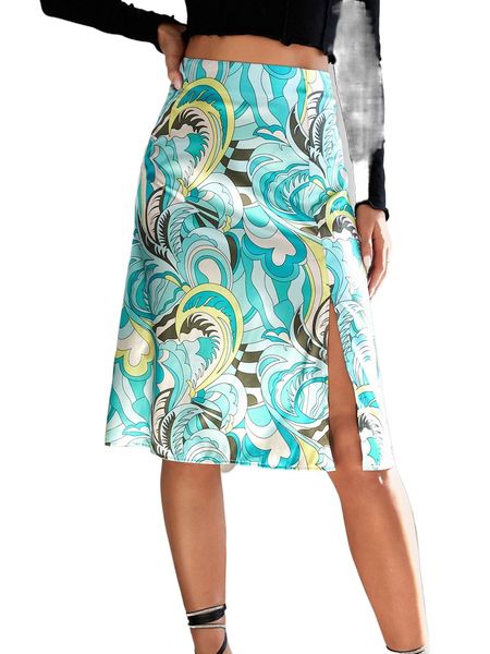 

allover print split thigh satin skirt d0jf#, Black
