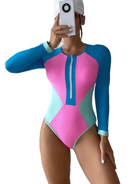 

colorblock zip front one piece swimsuit 06qg#, White;black