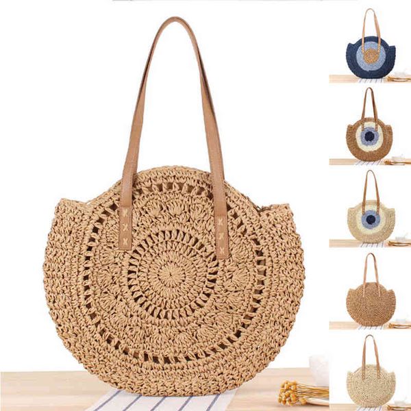 

evening bags boho round woven straw women shoulder bohemian hollow beach for 2022 bali travel rattan handbags summer tote 220507