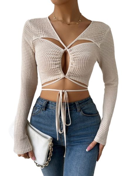 

cut out tie front waffle knit crop tee w8ts#, White