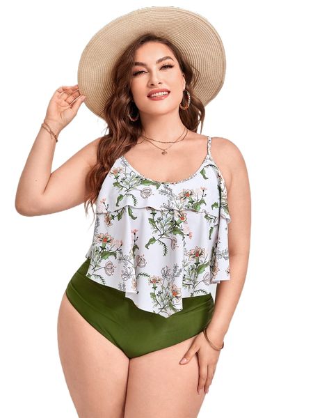 

plus plant print ruched hanky hem bikini swimsuit e080#, White;black