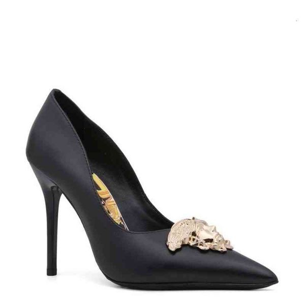 

high dress shoes heel women's medusa spring and autumn shallow mouth professional leather pointed fashion shoes thin ogsx, Black