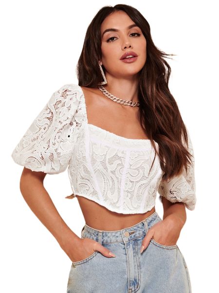 

bae square neck puff sleeve asymmetrical hem crop lace blouse l4es#, White