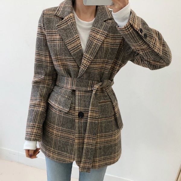 

winter plaid notched women coats jacketskirt patchwork pocket warm female coats with belt korean streetwear ladies jackets 201029, Black;brown