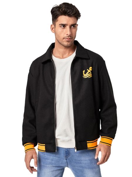 

men anchor print striped trim jacket m9os#, Black;brown