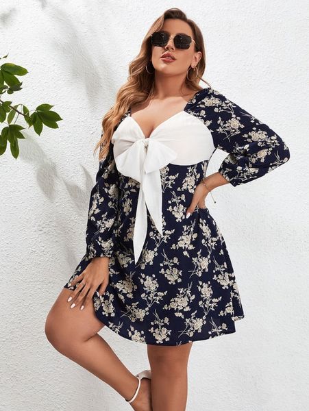 

plus floral print knot front dress q7f1#, Black