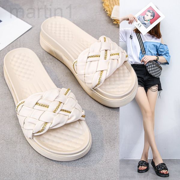

slippers designer fairy style one line woven slipper lady 2022 summer new wear flat bottomed beach thick cool ladyzz0o, Black
