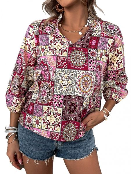 

mandala print notched b.ishop s.leeve b.louse 54se#, White