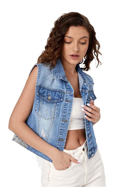 

flap pocket ripped vest denim jacket m5i8#, Black;brown