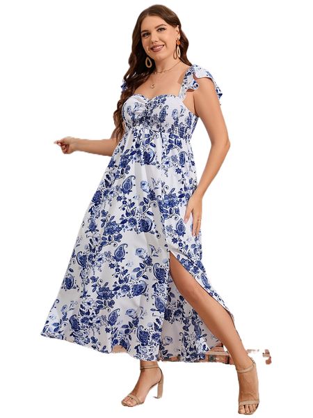 

plus floral print shirred split thigh dress m6l8#, Black