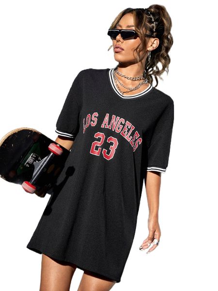 

letter graphic striped trim drop shoulder dress w7ns#, Black;gray