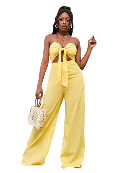 

sxy cut out knot front wide leg tube jumpsuit q2ym#, Black;white