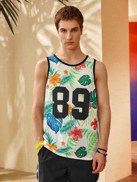 

men tropical print contrast binding tank s38s#, White;black