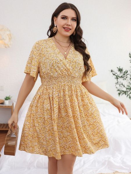

plus allover floral print shirred waist butterfly sleeve dress l8pc#, Black