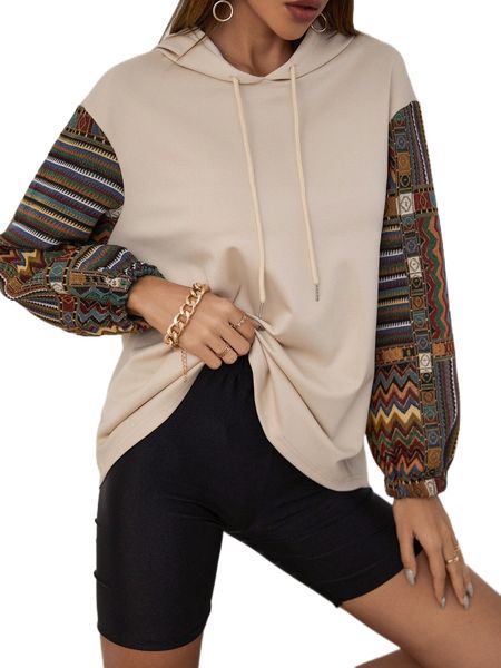 

chevron and striped print drop shoulder drawstring hoodie i3tr#, Black