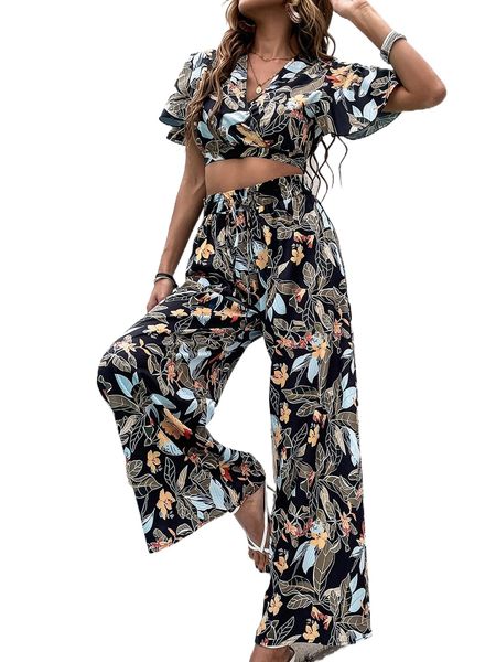 

floral print butterfly sleeve tie back crop blouse q3de#, White