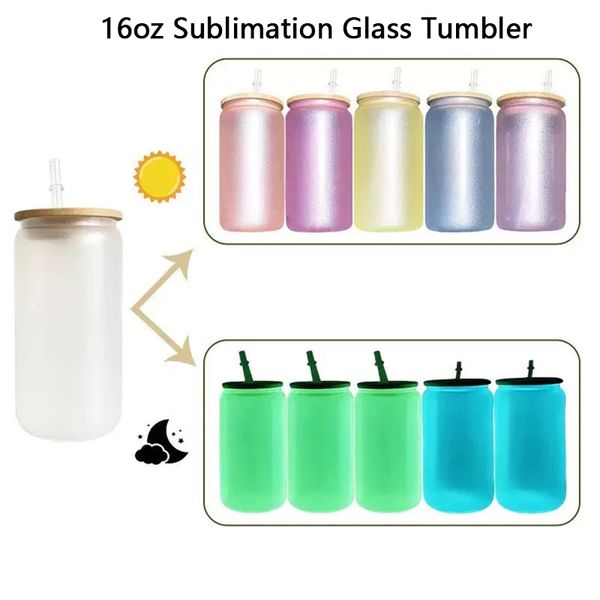 Сублимационное стекло из ультрафиолетового излучения 16 унций светятся в темном тумблере с бамбуковой крышкой пустым бутылкой водой волшебный чашка для подарка