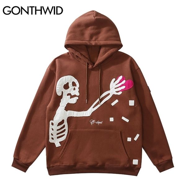 

gonthwid hip hop streetwear hoodie sweatshirt skeleton patch fleece hooded mens harajuku winter cotton pullover brown 220721, Black
