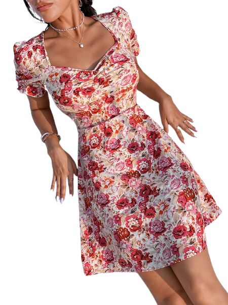 

floral print ruched sweetheart neck puff sleeve dress y51b#, Black;gray