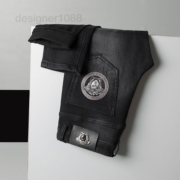 

men's jeans designer autumn and winter trendy jeans men's embroidery slim fit small feet washed middle waist casual personalized e, Blue