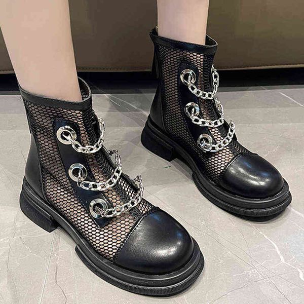 Sandalias Sexy Black Mesh Tobillo Boot Mujeres 2022 Verano Tacón bajo Transpirable Botas modernas Cadena de metal Zapatos de plataforma de fondo grueso 220419