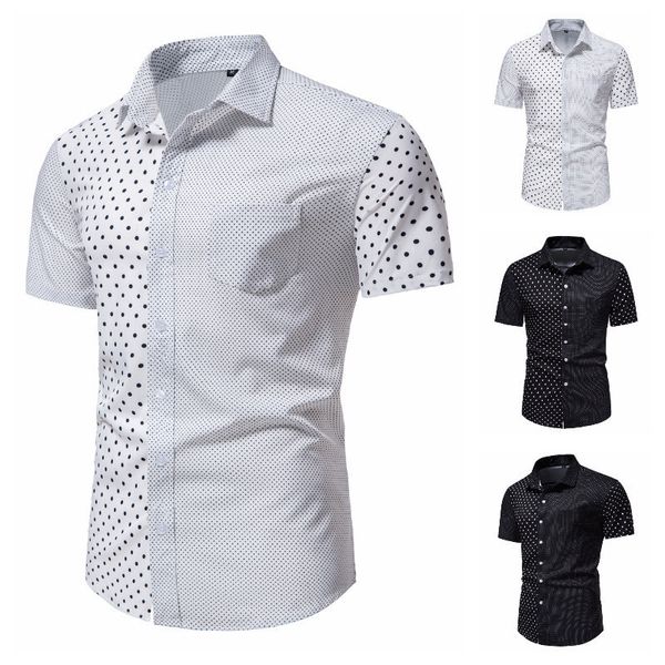 

2022 men's fashion button down shirt short sleeve casual button up shirts slim fit printed business dress shirts, White;black