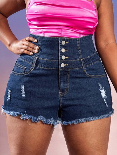 

sxy plus high waist ripped raw trim denim shorts q7ta#, White;black