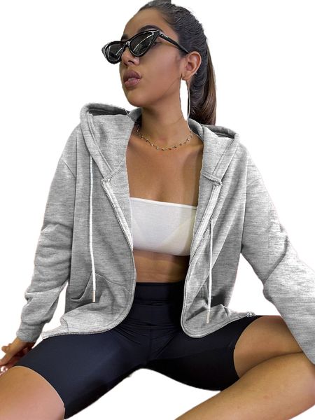 

kangaroo pocket drop shoulder zip-up hooded sweatshirt g1qo#, Black