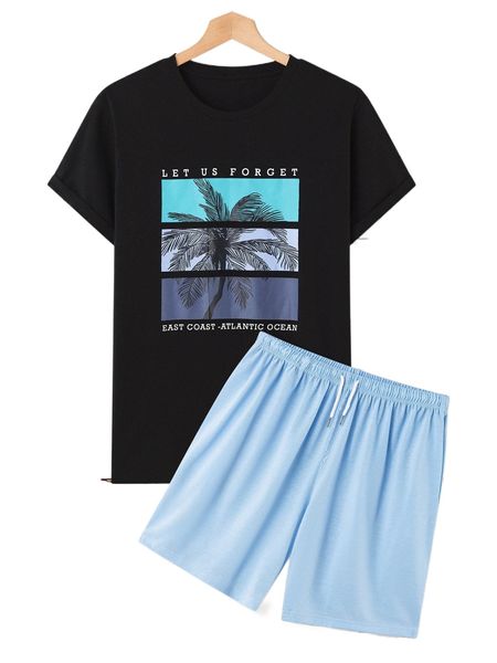 

men slogan & palm tree print tee & drawstring waist shorts l2n7#, Gray