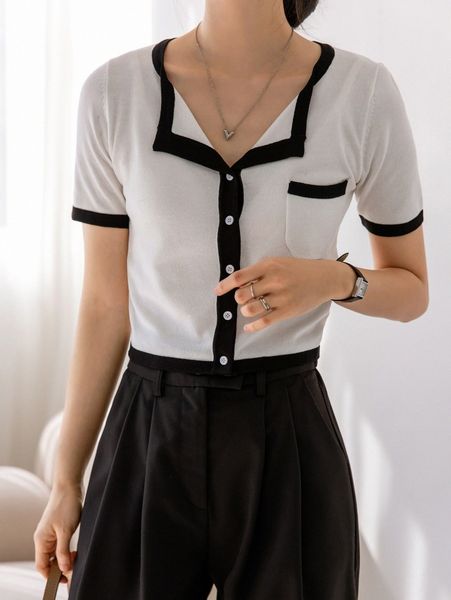 

dazy-less contrast trim patched pocket knit l0t7#, White;black