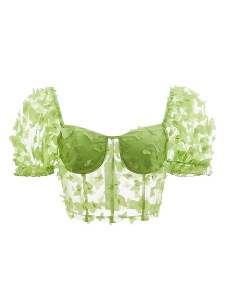 

mod butterfly applique puff sleeve sweetheart neck bustier mesh a8vi#, White