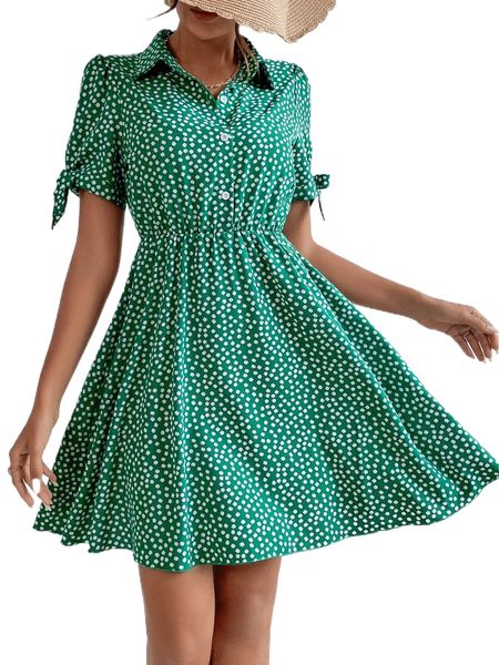 

ditsy floral knot cuff button front shirt dress a1wy#, Black;gray