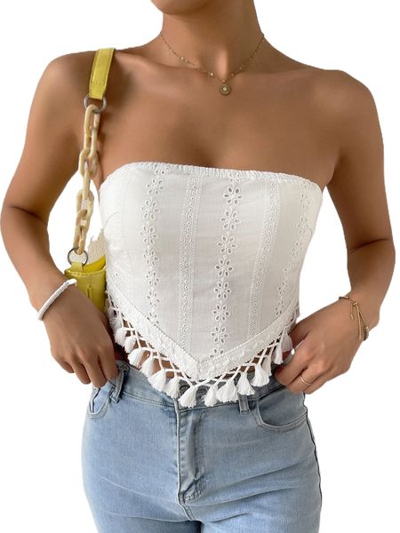 

eyelet embroidery tassel trim bandana hem tie back crop tube f4zi#, White