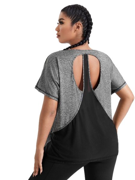 

plus colorblock cut out back sports tee w5dn#, Black