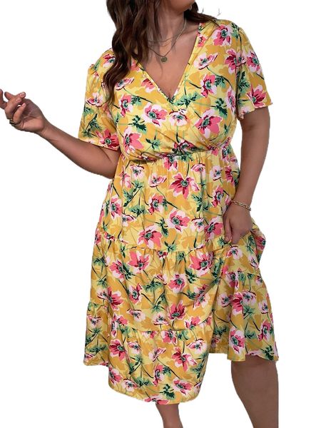 

plus allover floral print overlap collar ruffle hem dress o634#, Black