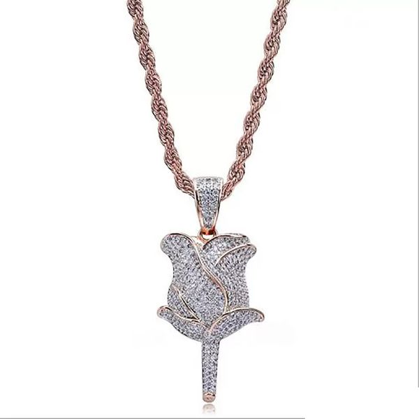 

rose gold silver gold rose shape pendant gold cz bling shine hip hop pendant necklace cubic zirconia 3d pendant with