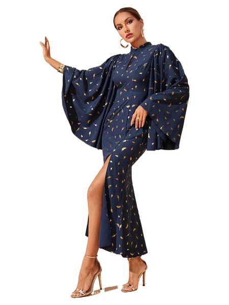 

golden feather print keyhole neck trumpet sleeve slit thigh dress i1o6#, Black;gray