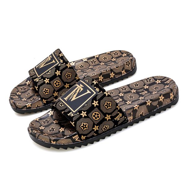 Europa Station Luxusdesigner Männer Pantoffeln Frauen Sandalen Muster Druck Gold Silber Folien Mode breite flache Lady Sandal Flip Flops großgröße 36-49