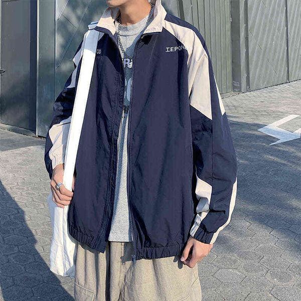 

japanese patchwork autumn korean trend sports jacket men casual handsome loose couple zipper wind breaker jacket men t220816, Black;brown