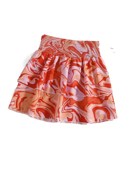 

marble print shirred waist layered hem skirt 02og#, Black